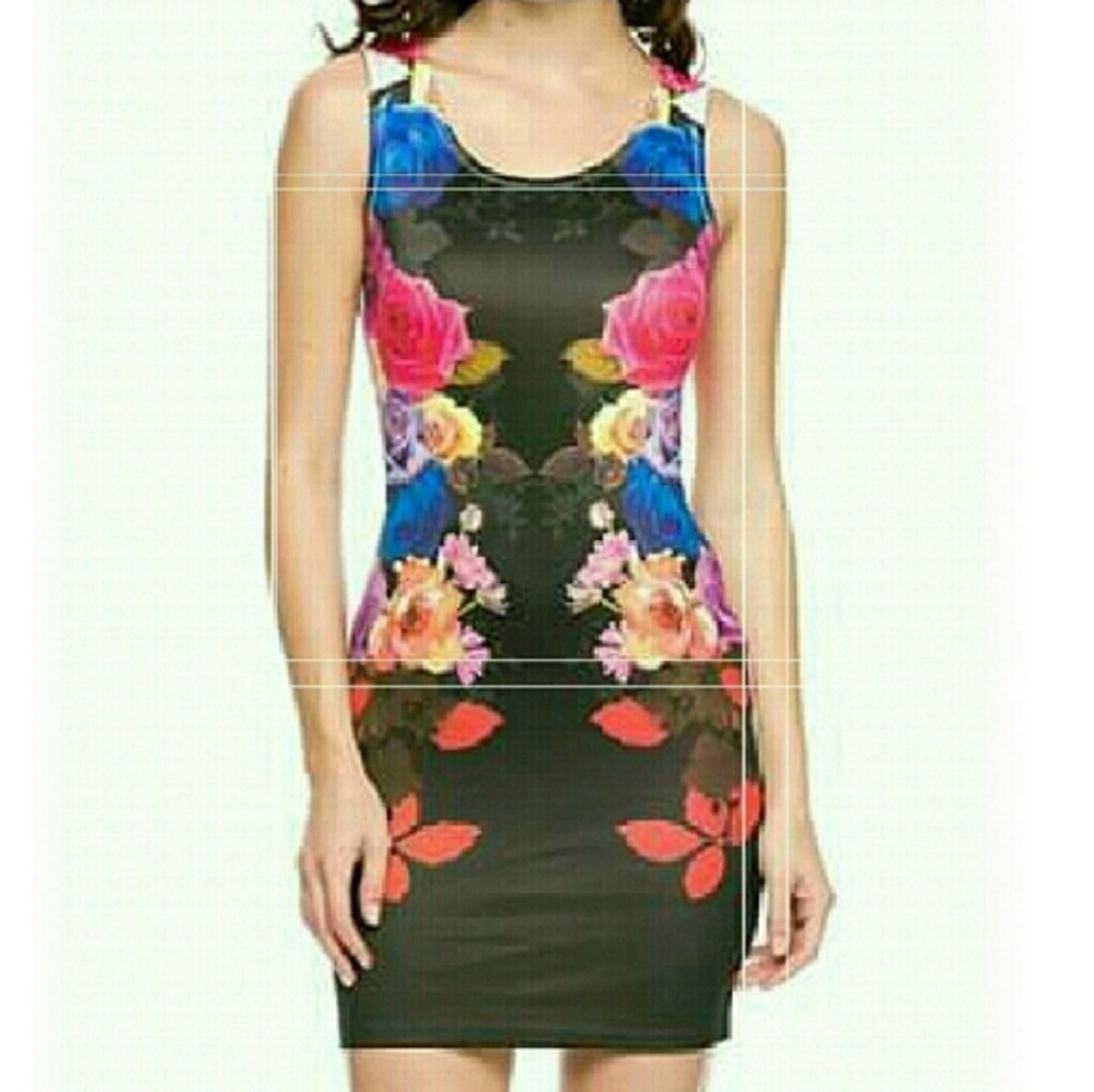 Brand New Bright Floral Print Bodycon Sleeveless Dress. Size Medium
